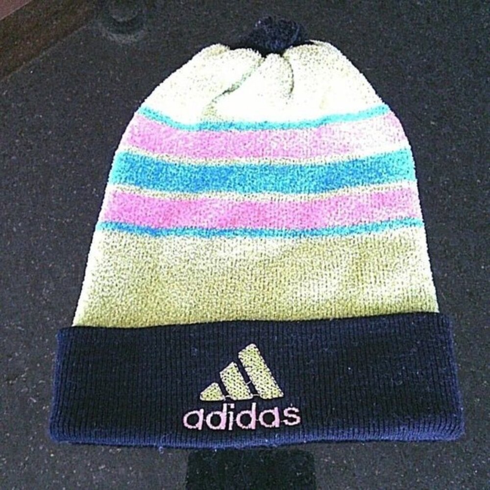 Adidas Hat Winter Beanie Cap Striped Toque Pom Pom Unisex Cold Weather Warm Ears - Picture 13 of 16